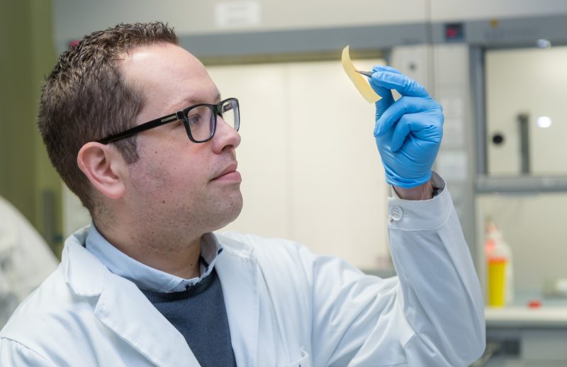 Uno de los investigadores del estudio, José Alejandro Heredia-Guerrero, sostiene una lamina de bioplástico sintético. (Fotografía cedida por D.FARINA © 2017 ISTITUTO ITALIANO DI TECNOLOGIA)