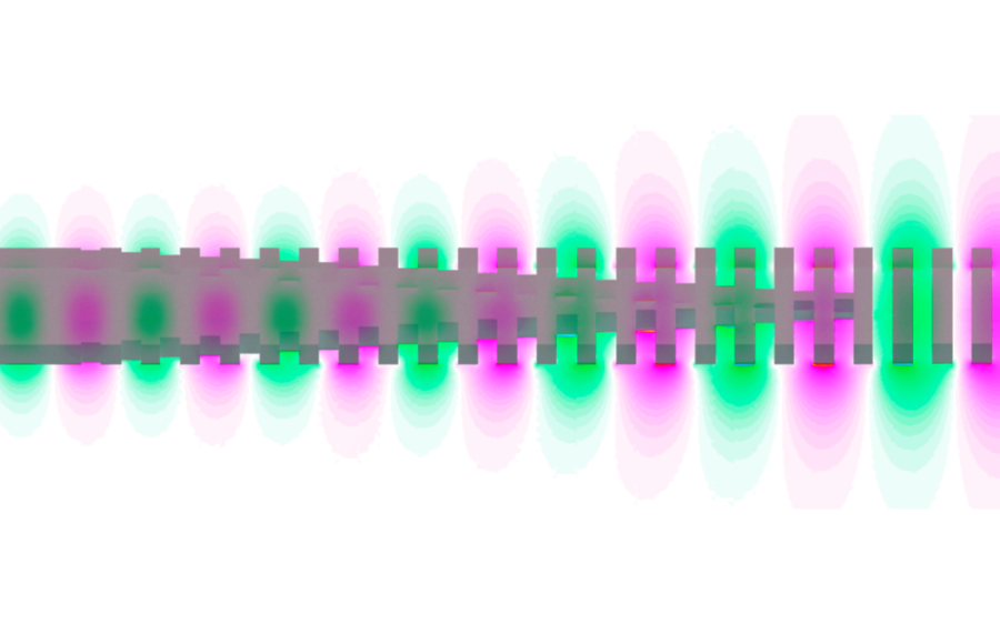 Se muestra, en gris, una transición entre una guía nano-fótonica de silicio convencional (a la izquierda) a una guía sub-longitud de onda (a la derecha). El color (verde-morado) ilustra la propagación de una onda luminosa a través de la estructura. Se aprecia que en su propagación la onda se expande lateralmente, y su longitud de onda (la distancia entre dos zonas verdes) aumenta, lo que indica que la estructura se comporta como un material artificial con un índice de refracción menor que el del silicio. / Photonics & RF UMA